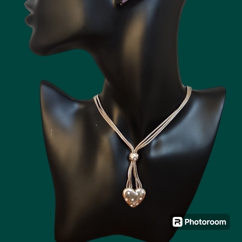BRIGHTON Silver Plated Floral Heart Triple Chain Lariat Necklace